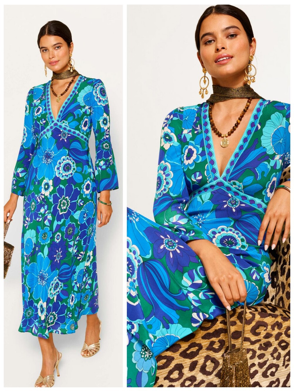 Rixo Tania Silk Midi Dress in Blue Miami Floral Emerald